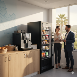 Espace de pause moderne en entreprise avec machine à café professionnelle et distributeur de snacks, représentant l'offre de Cofradis Sud en PACA.
